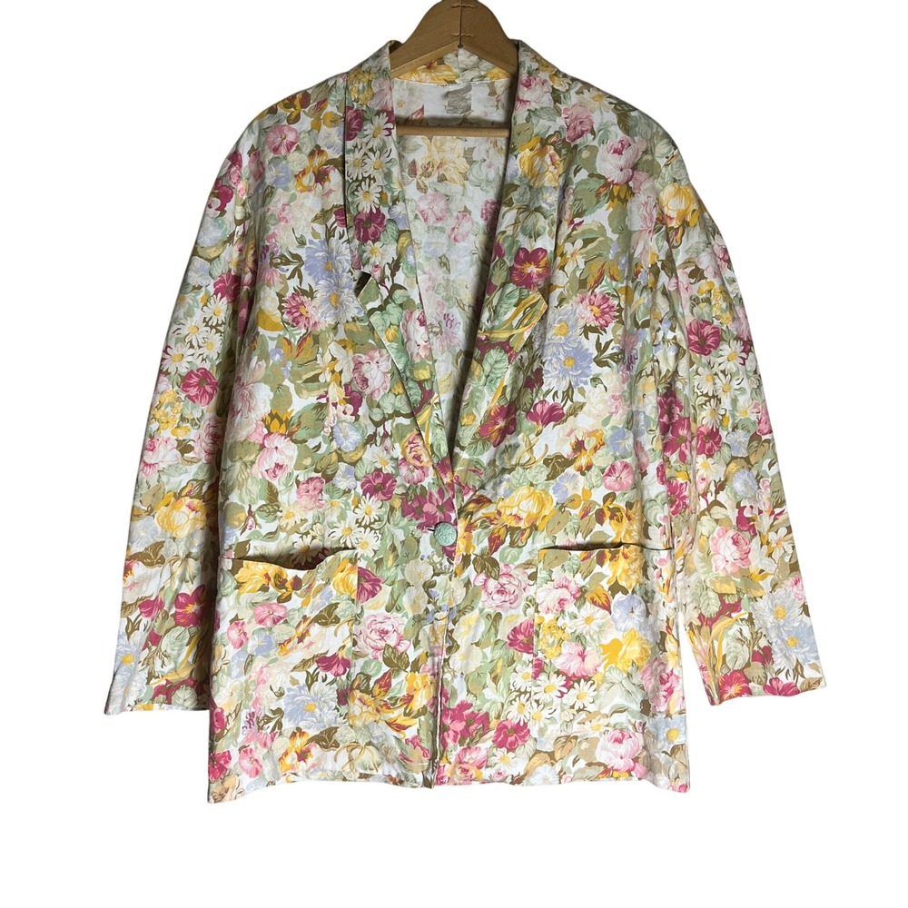 VTG Floral Print Blazer Women's One Button Spring Lightweight Jacket‎